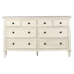 a white dresser with six drawers and two doors on the top, in front of a white background