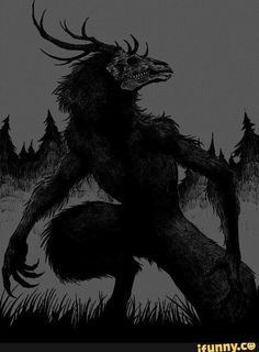 a black and white drawing of a creature in the woods