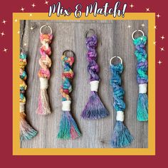 there are many different colored tassels hanging from the strings on this card that says, mix & match