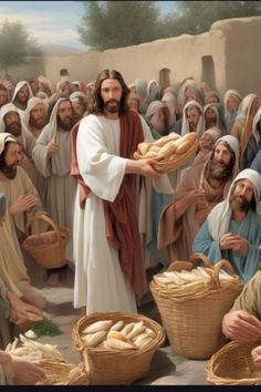 a painting of jesus holding bread in front of a group of people with baskets full of bread