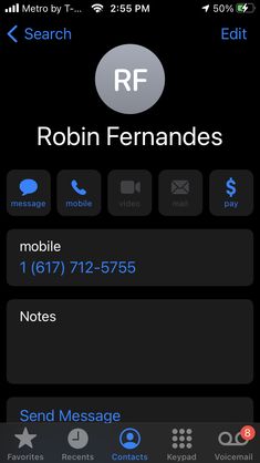 an iphone screen with the text robin femandes on it and another message below