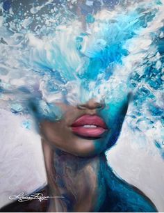 a painting of a woman's face with blue hair and water splashing on it