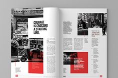 an open magazine with black and white images on it, featuring red accents in the pages