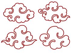 four red clouds with swirls in the middle and one cloud above it, on a white background