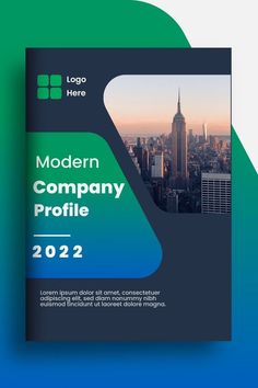 the modern company profile brochure is displayed in front of a cityscape