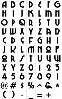 an alphabet with numbers and symbols in black on a white background, including the letters