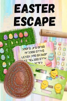 an easter egg escape game is shown with the words, numbers and symbols on it