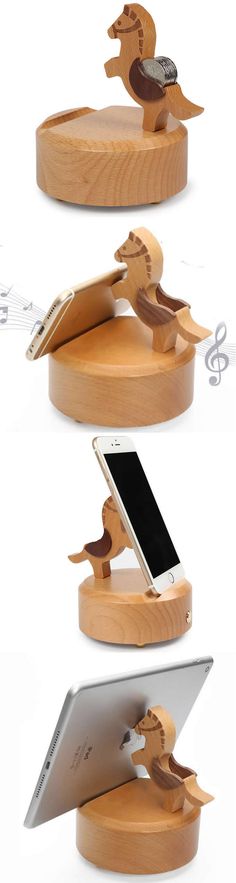 three different angles of a wooden tablet holder