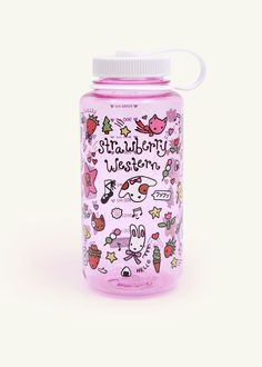 a pink water bottle with stickers on it