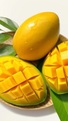 two pieces of mango sitting on top of a wooden plate next to a green leaf