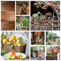 several pictures of different types of fruit and vegetables in wooden crates, including apples, oranges, flowers, etc