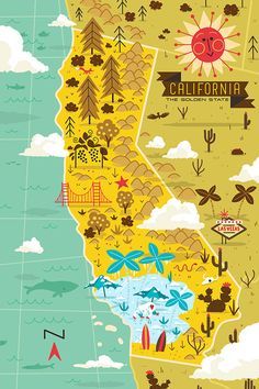 an illustrated map of the state of california with many different things in front of it