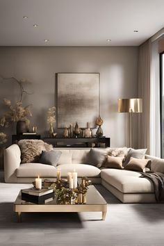 living room decor Living Room Brass Accents, Living Room Chic Elegant, Brown Tan And Cream Living Room, Taupe Lounge Living Rooms, Dark Beige Living Room Ideas, Black Brown Grey Gold Living Room, Brown And Cream Interior Design, Posh Living Room Ideas, Ivory And Grey Living Room