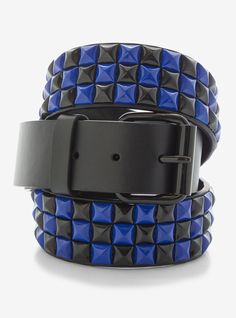 Take the classic studded belt look one notch further with this black and blue version. Comes with 3 rows of pyramid studs and features black hardware.XS: 25	XL: 41S: 29	2X: 45M: 33	3X:49L: 37	4X: 52Polyurethane; alloyImported Rainbow Studded Belt, Scene Belt, Mcr Concert, Androgynous Clothing, Scene Clothes, Studded Belts, Stud Belt, Emo Accessories, Cool Belt