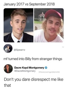 two people on twitter with the caption that reads, january 2017 vs september 2018 mf turned into billy from strange things don't