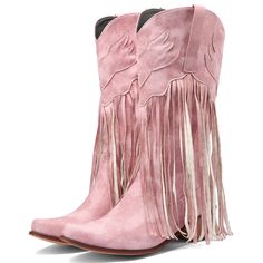 PRICES MAY VARY. APPROX MEASUREMENTS: The fringe cowgirl boots heel height: 5cm,1.96"; Shaft Length : 30cm,11.81"; Top Opening Circumference: 38cm,14.96" COLOR:Black,pink, royal blue, burgundy and green,closed square toe, mid stacked heel with a soft insole and additional design to ensure maximum comfortable. CLOSURE TYPE:Tassel pull on cowgirl mid calf boots,artificial pu inside design,breathable, soft and comfy, suitable for all seasons. SUITABLE FOR ALL OF THE OCCASION – mid calf tassel cowbo Fringed Boots, Fringe Cowboy Boots, Thick Heel Boots, Suede Fringe Boots, Boho Festival Fashion, Western Boots Women, Chunky High Heels, Fringe Boots, Spring Fashion Outfits