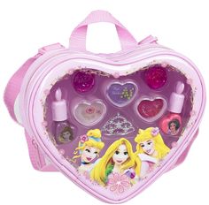 the disney princess heart shaped bag has various items inside