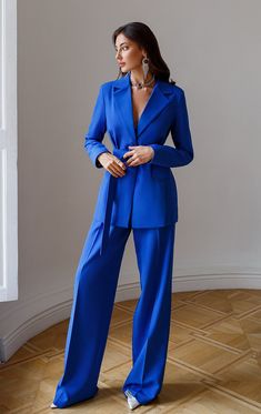 Fabric: High-quality suiting fabric Cotton 65%, Polyester 35% Blazer length: 70 cm/ 27.5in Sleeve length: 63cm/ 24,8in Pants length (inseam): 91 cm/ 35,8in Included: Blazer, pants, belt Wide Leg Power Suit, Royal Blue 2 Piece Outfit, Royal Blue Suit Women Outfits, Women’s Pant Suit, Royal Blue Suit Women, Blue Suit Women Outfit, Women’s Suits, Blue Suits Women, Blue Womens Suit