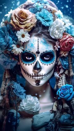 a woman with blue makeup and flowers in her hair is wearing a skeleton face paint