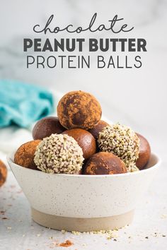 chocolate peanut butter protein balls in a white bowl