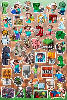 an image of many different stickers on a table with the words minecraft written in it