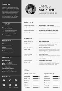 a black and white resume template with an image of a man's face on it