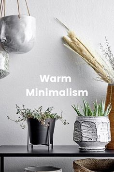 some plants and pots are on a table with the words warm minimalism above them