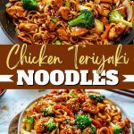 chicken teriyaki noodles with broccoli and carrots in a skillet