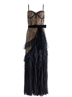 Chantil Lace Ruffle Gown In Black/almond | Alice And Olivia Elegant Floor-length Corset Dress With Ruffles, Elegant Evening Corset Dress With Cancan, Elegant Evening Corset Dress With Attached Cancan, Elegant Corset Dress With Attached Cancan For Evening, Elegant Dress With Lace Bodice, Elegant Floor-length Corset For Evening, Elegant Floor-length Evening Corset, Sleeveless Evening Corset Dress With Cancan, Sleeveless Corset Dress With Attached Cancan For Evening