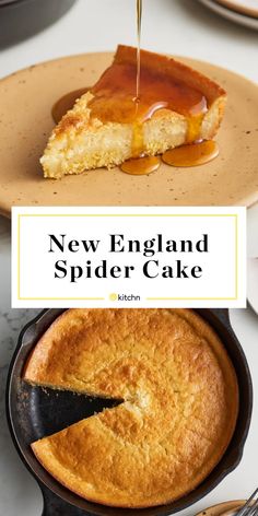 new england spider cake with caramel sauce being drizzled over it and the title reads, new england spider cake