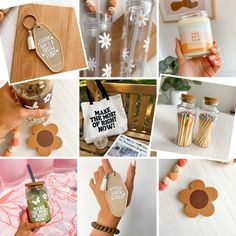 a collage of photos with various items and words on them, including handmade gifts