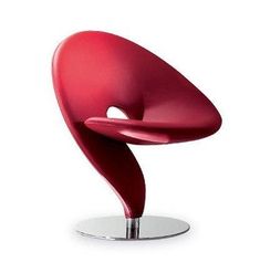 a red chair with a metal base on a white background in the shape of an egg