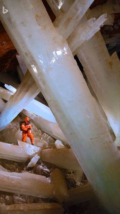 an orange toy is standing among some ice crystals