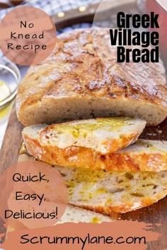 some bread is sitting on top of a cutting board with the words, no knead village