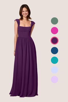 a woman in a long purple dress standing next to color swatches for the background