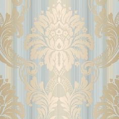 a blue and beige wallpaper with an ornate design