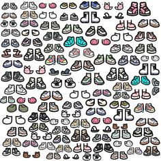 a bunch of shoes that are all different colors and sizes, with the words i love them