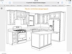 a drawing of a kitchen with an island in the middle and cabinets on both sides