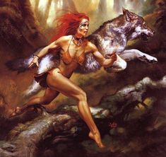 a painting of a woman with a wolf on her back in the middle of a forest