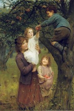 a painting of two children and an adult picking apples from a tree with one child on his shoulders