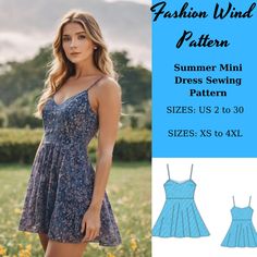 a women's dress sewing pattern with the image of a woman wearing a sundress