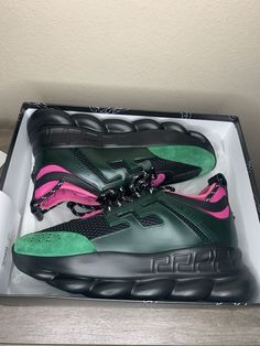 #ad Premium Versace Chain Reaction �Black Emerald� , Fashion Shoes Emerald Fashion, Versace Chain, Chain Reaction, Versace Men, Designer Sneakers, Bag Making, Sneakers Fashion, Top Sneakers, Versace