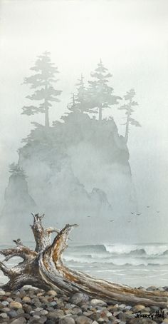 a painting of a tree stump on the beach