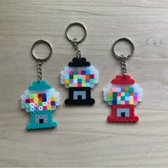 Handmade Gumball Machine Keychains Made Of Perler Beads. Set Of 3 Keychains: 1 Black Gumball Keychain 1 Red Gumball Keychain 1 Green Gumball Keychain 