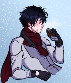 a man with black hair and gloves holding a cell phone in his hand while wearing a scarf