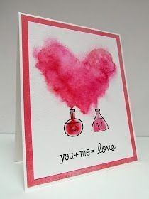 a card with two flasks in the shape of a heart that says you + me = love