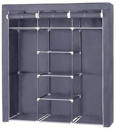 an open closet with multiple shelves and metal bars on the bottom, along with white pegs