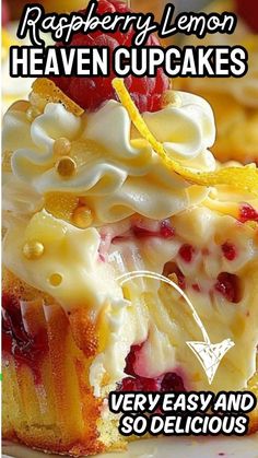 a close up of a piece of cake on a plate with the words raspberry lemon heaven cupcakes