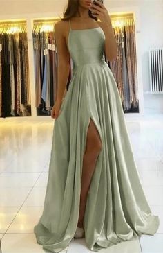 Prom Dress With Spaghetti Straps and Slit Sage Green Prom Dress, Prom Dress Inspiration, Cute Prom Dresses, Long Prom Dresses, Maxi Dress Prom, Pretty Prom Dresses, A Line Prom Dresses, Green Prom Dress, Hoco Dresses