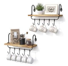 two shelves with coffee cups and mugs hanging from them, one shelf is made out of wood and the other has metal hooks